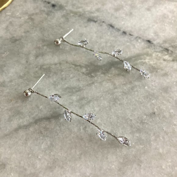 Leaflet Stem Needle Willow Cubic Zirconia Silver Drop Earrings - Picture 5 of 7